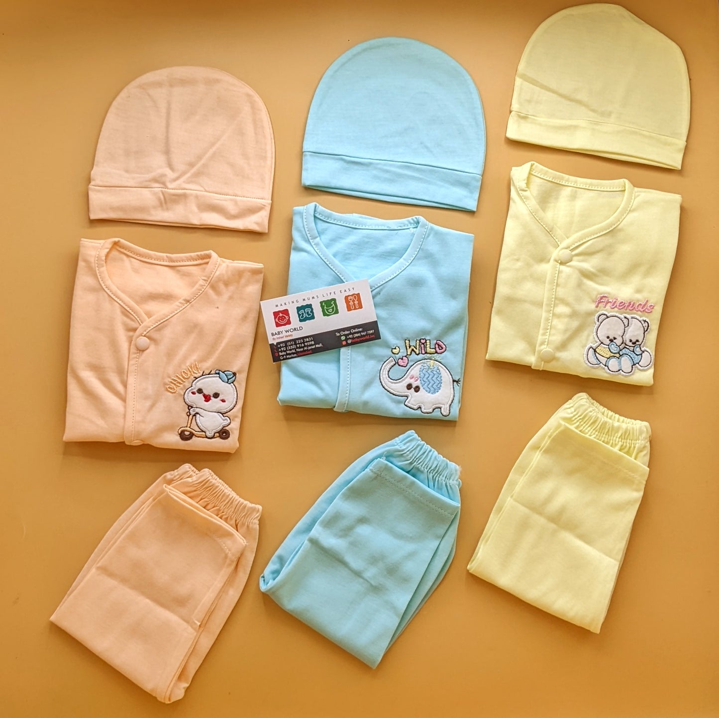 Pack of 3 Suits with Cap - Sea Green/Yellow/Peach