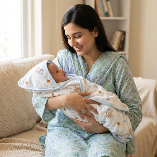 Mother holding newborn in blue-trimmed bear-and-stars blanket