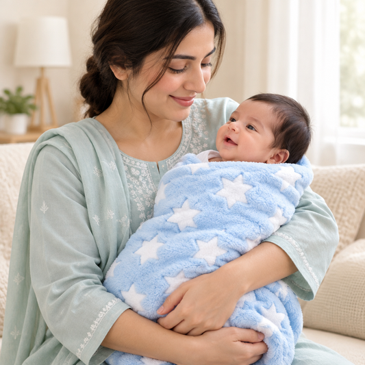 Mother holding newborn with blue star blanket
