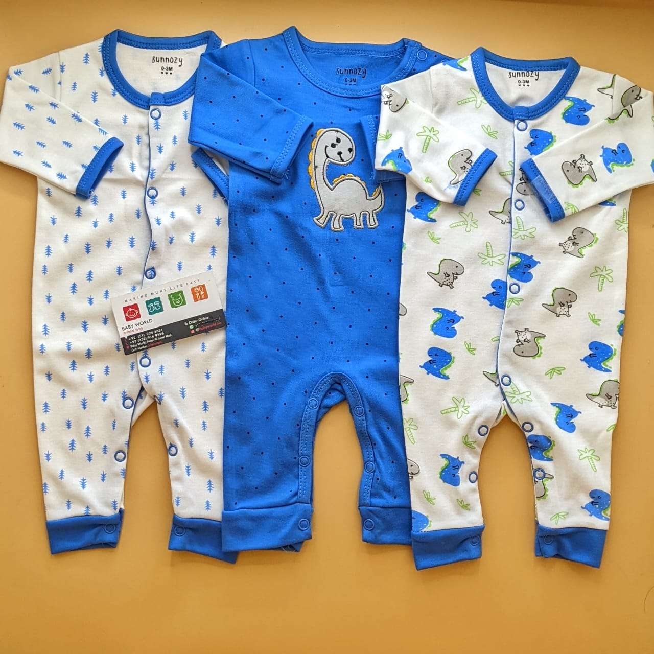 Pack of 3 Rompers/Sleep Suits - Blue - Dino π¦
