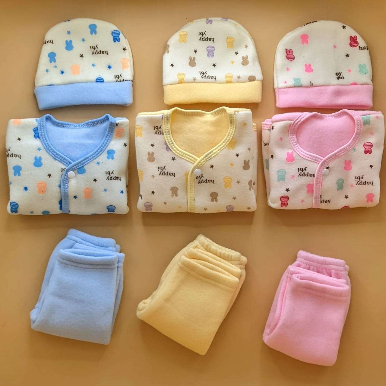 Pack of 3 Suits with Cap - Winter - Rabbit π° - Pink/Blue/Yellow