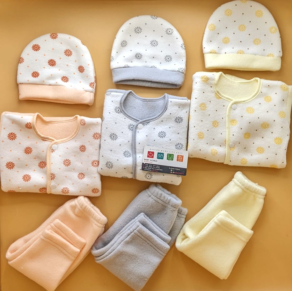 Pack of 3 Suits with Cap - Winter - Flower/Dots - Peach/Grey/Lemon
