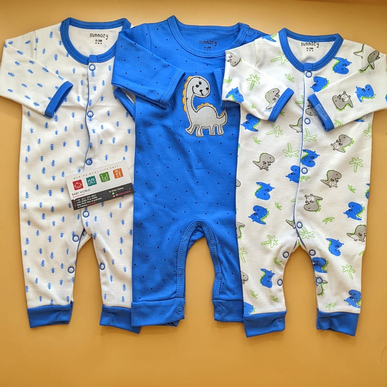 Pack of 3 Rompers/Sleep Suits - Blue - Dino π¦