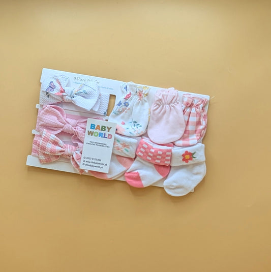 Baby 9 Pieces Gift Set - 3 Headbands, 3 Mittens, & 3 Pairs of Socks