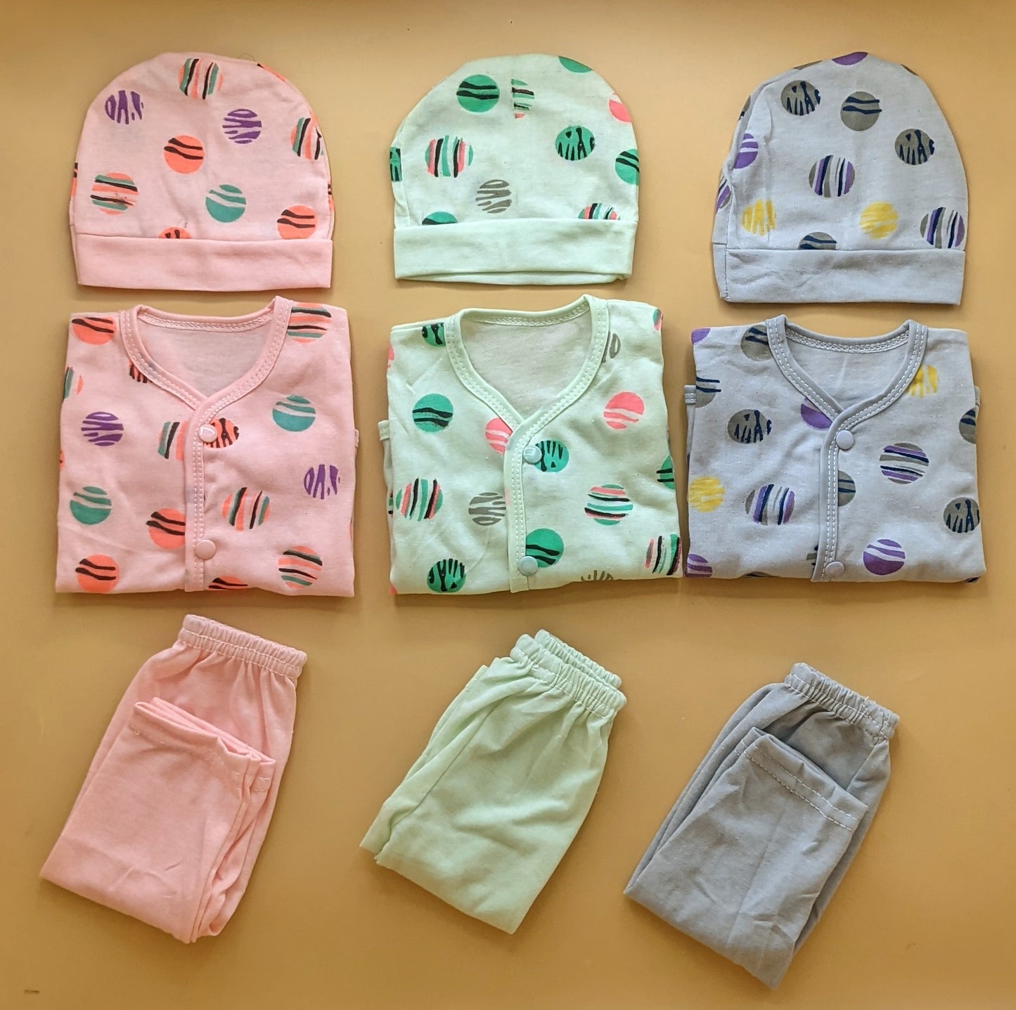 Pack of 3 Suits with Cap - Circle - Pink/Green/Grey