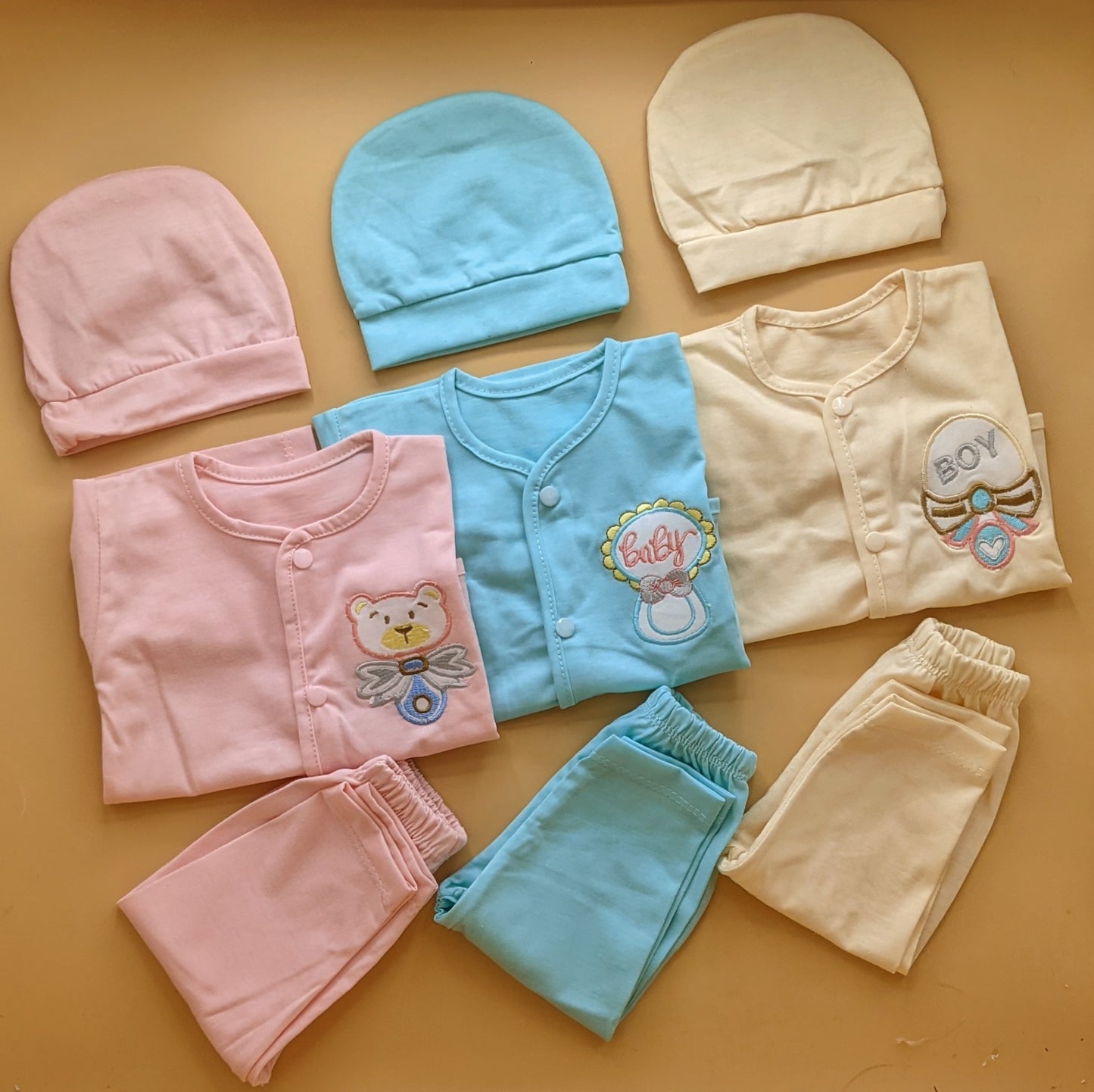 Pack of 3 Suits with Cap - Pink/Sea-Blue/Beige