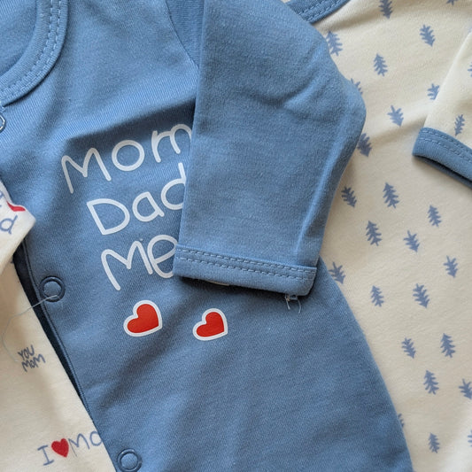 Pack of 3 Rompers/Sleep Suits - Mom, Dad, Me - Blue