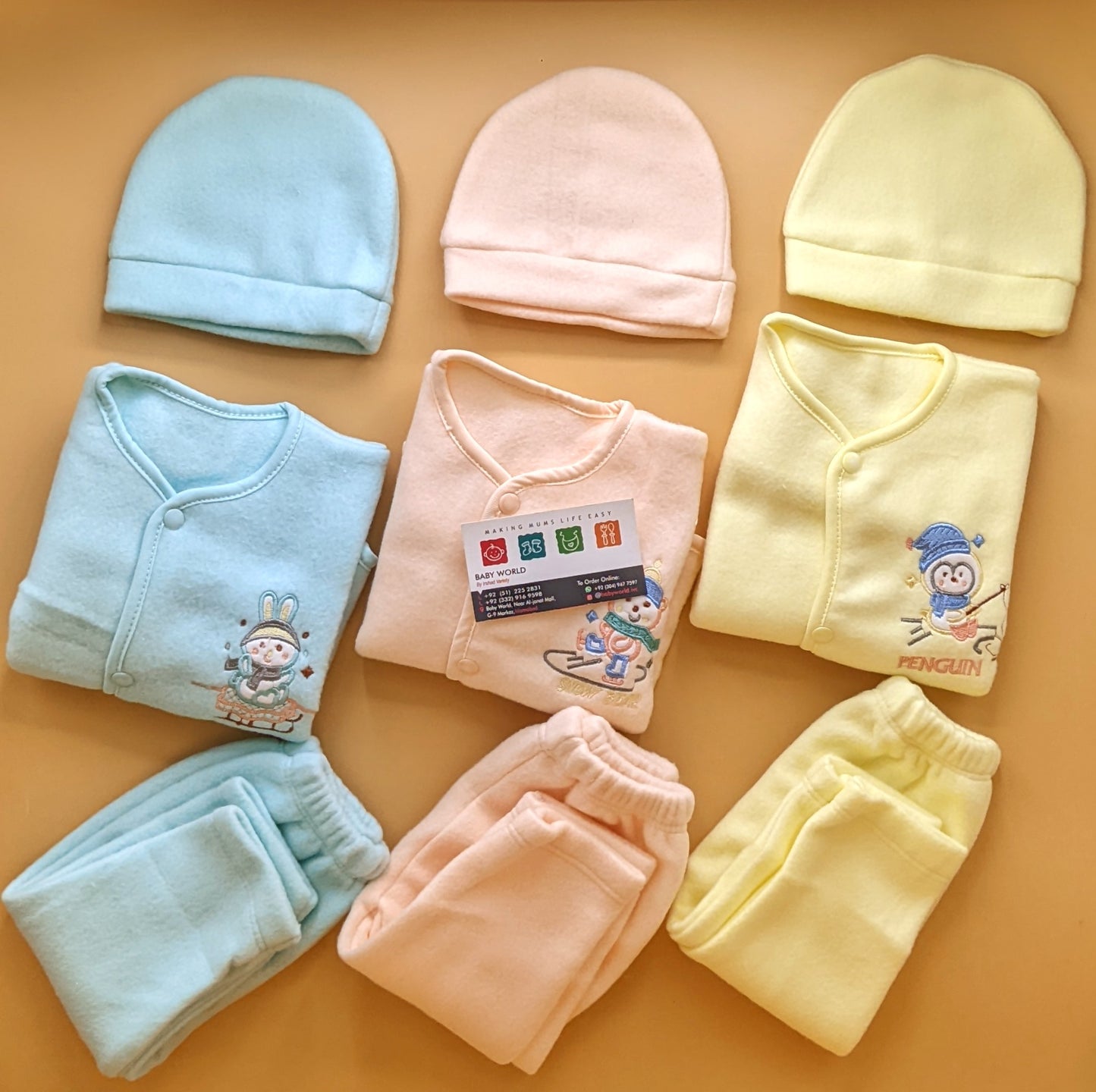 Pack of 3 Suits with Cap - Winter - Yellow/Sea Green/Peach