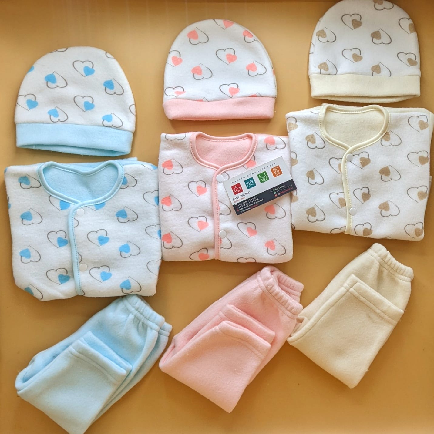 Pack of 3 Suits with Cap - Winter - Hearts - Pink/Blue/Beige