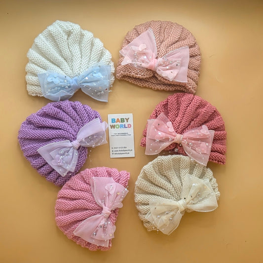 Baby Wool Cap - Bow/Beeds - Winter