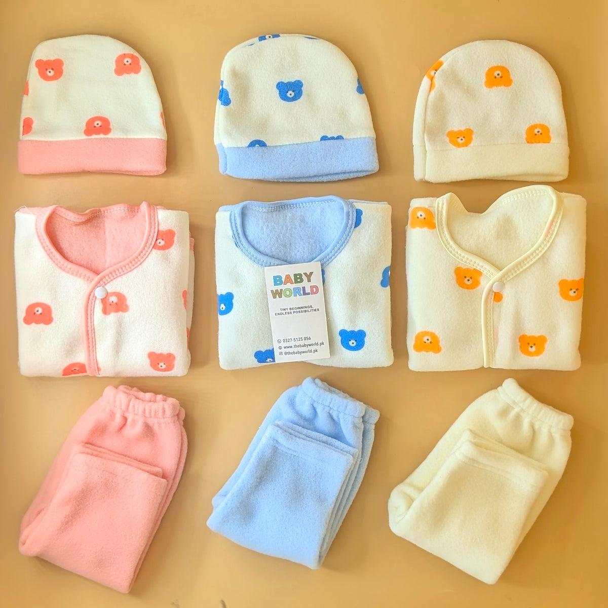 Pack of 3 Suits with Cap - Winter - Bear - Pink/Blue/Lemon
