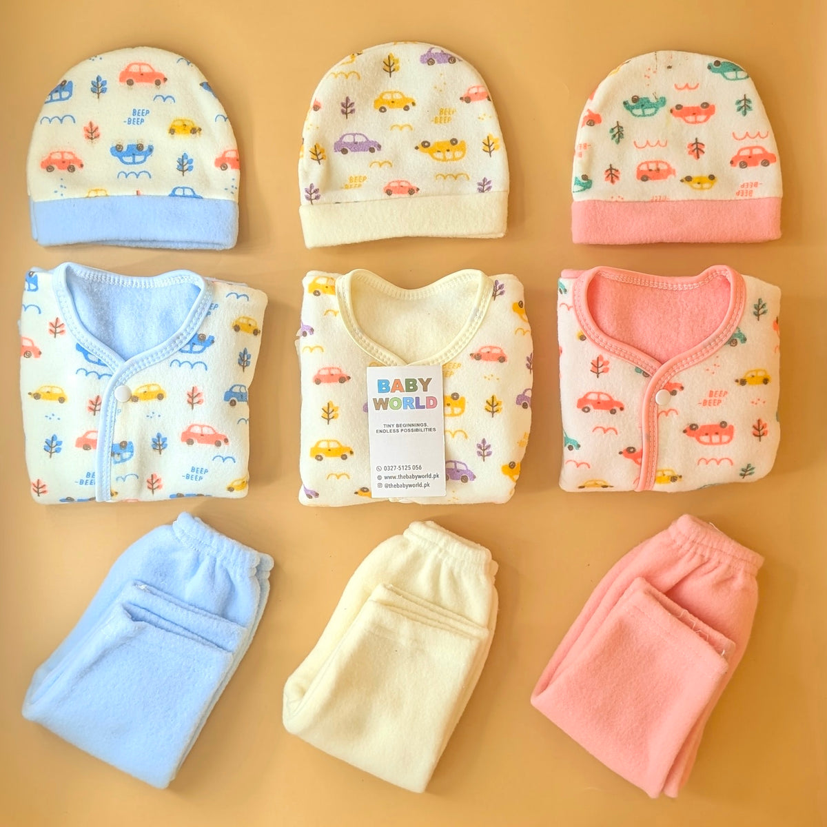 Pack of 3 Suits with Cap - Winter - Car/Trees - Pink/Blue/Yellow