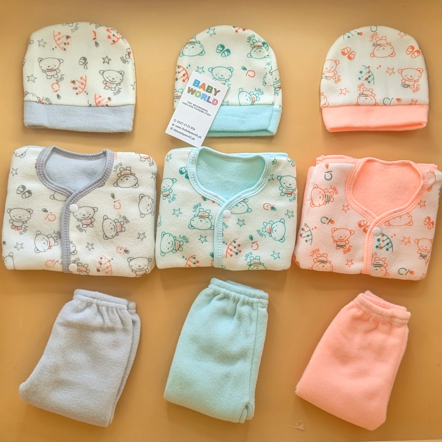 Baby Pack of 3 Suits with Cap - Bear 🐻 - Winter - Grey, Sea Green, Peach