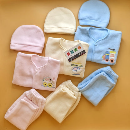 Winter Pack of 3 Baby Suits with Cap Blue Beige Pink for Newborn Babies in Pakistan