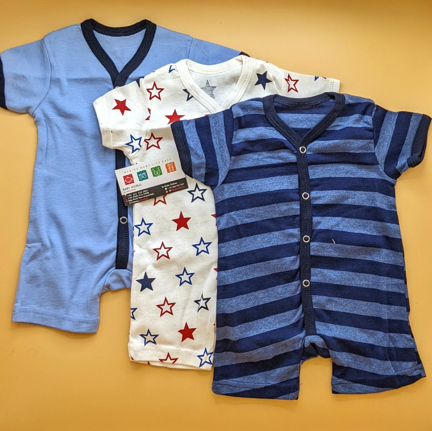 Pack of 3 Short Legs Rompers - Blue