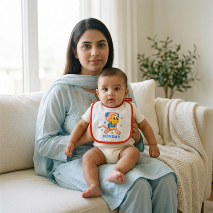 Baby wearing Sunday monkey bib