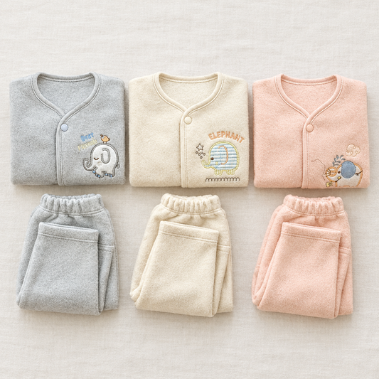 Beige peach and grey suit pack flat lay