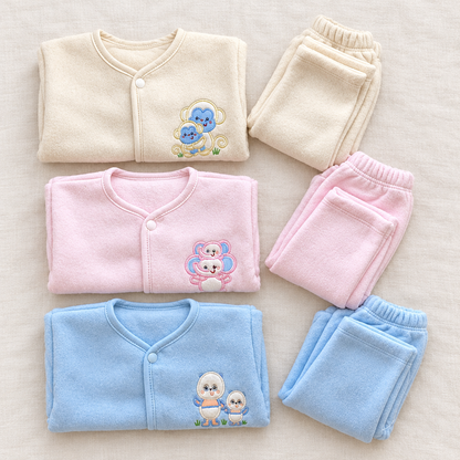 Beige pink and blue suit pack flat lay