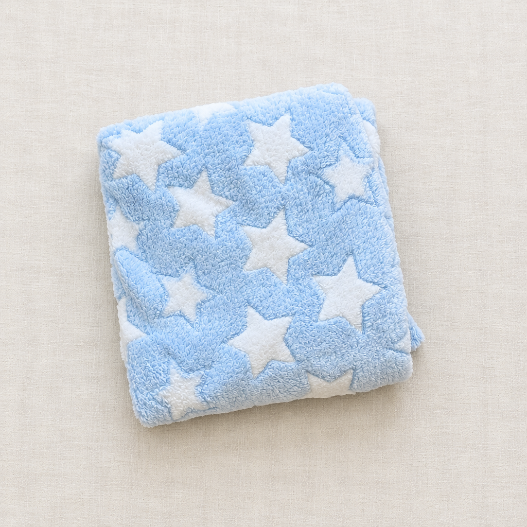 Blue big-stars blanket flat lay