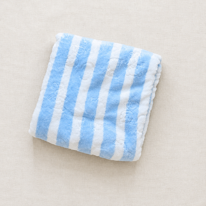 Blue striped winter blanket flat lay