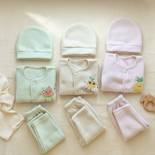 Flat lay of the green, skin and pink pack of 3 suits with caps