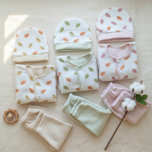 Baby Pack of 3 Suits with Cap - Leaves 🍂 - Winter - Skin, Green, Pink
