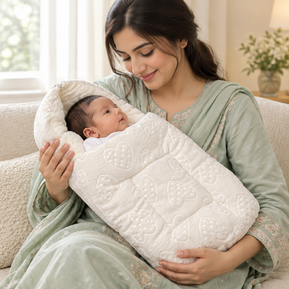 Mother cradling newborn in white carry nest