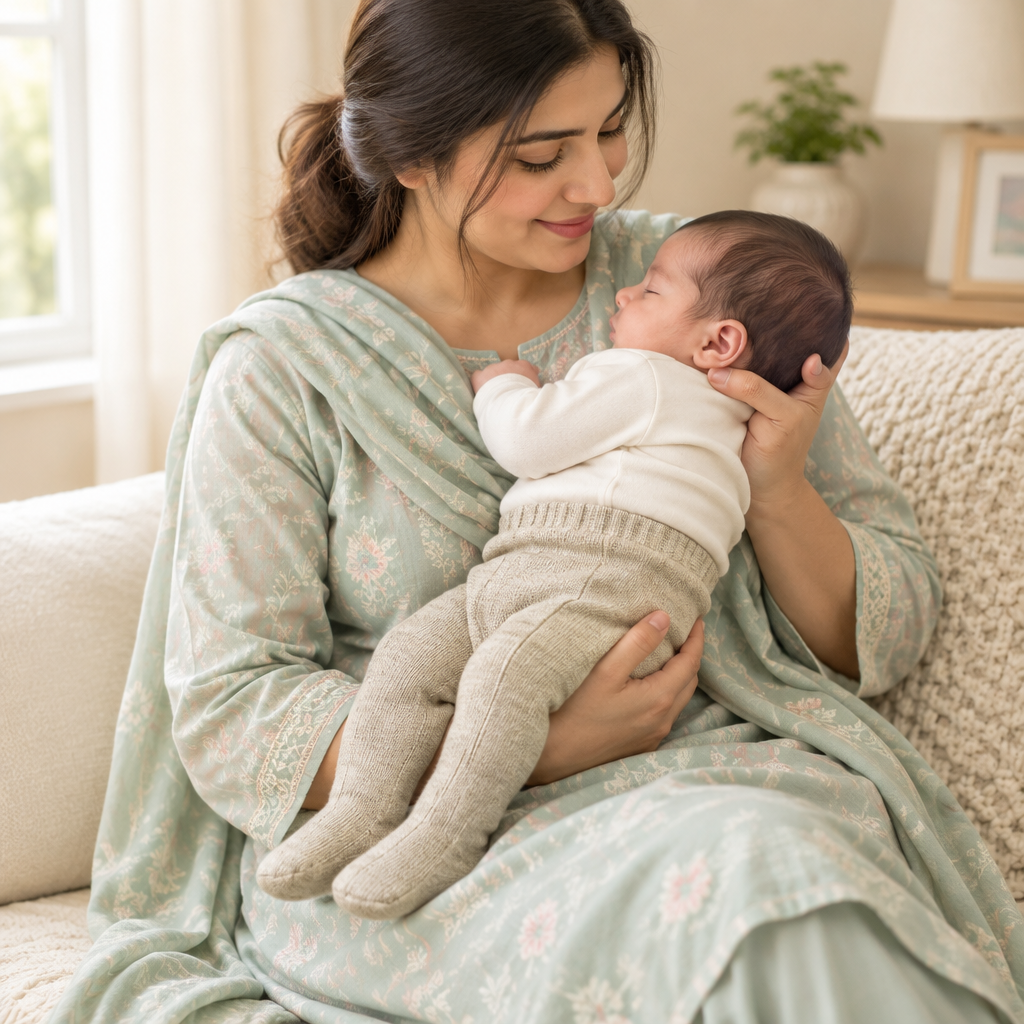 Mother holding baby wearing beige footed leggings