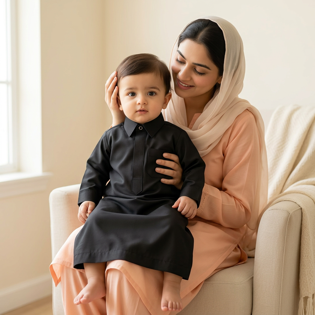 Mother holding baby wearing black thobe