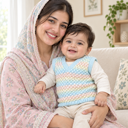 Mother holding baby wearing knitted vest