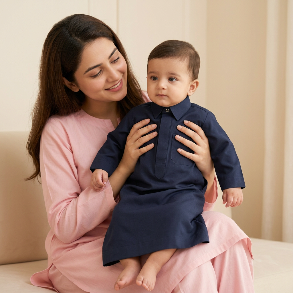 Mother holding baby wearing navy-blue thobe