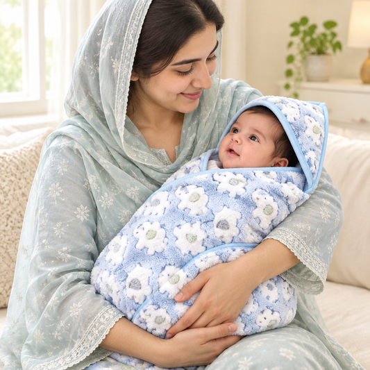Mother holding newborn in blue elephant blanket