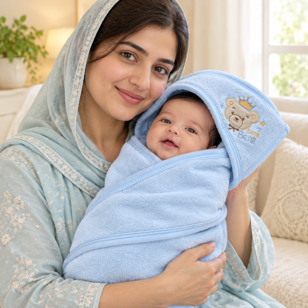 Mother holding newborn in blue hooded blanket