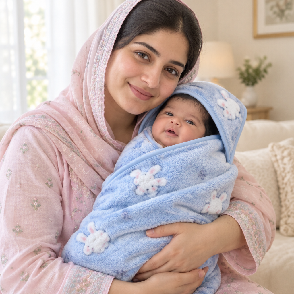 Mother holding newborn in blue rabbit blanket