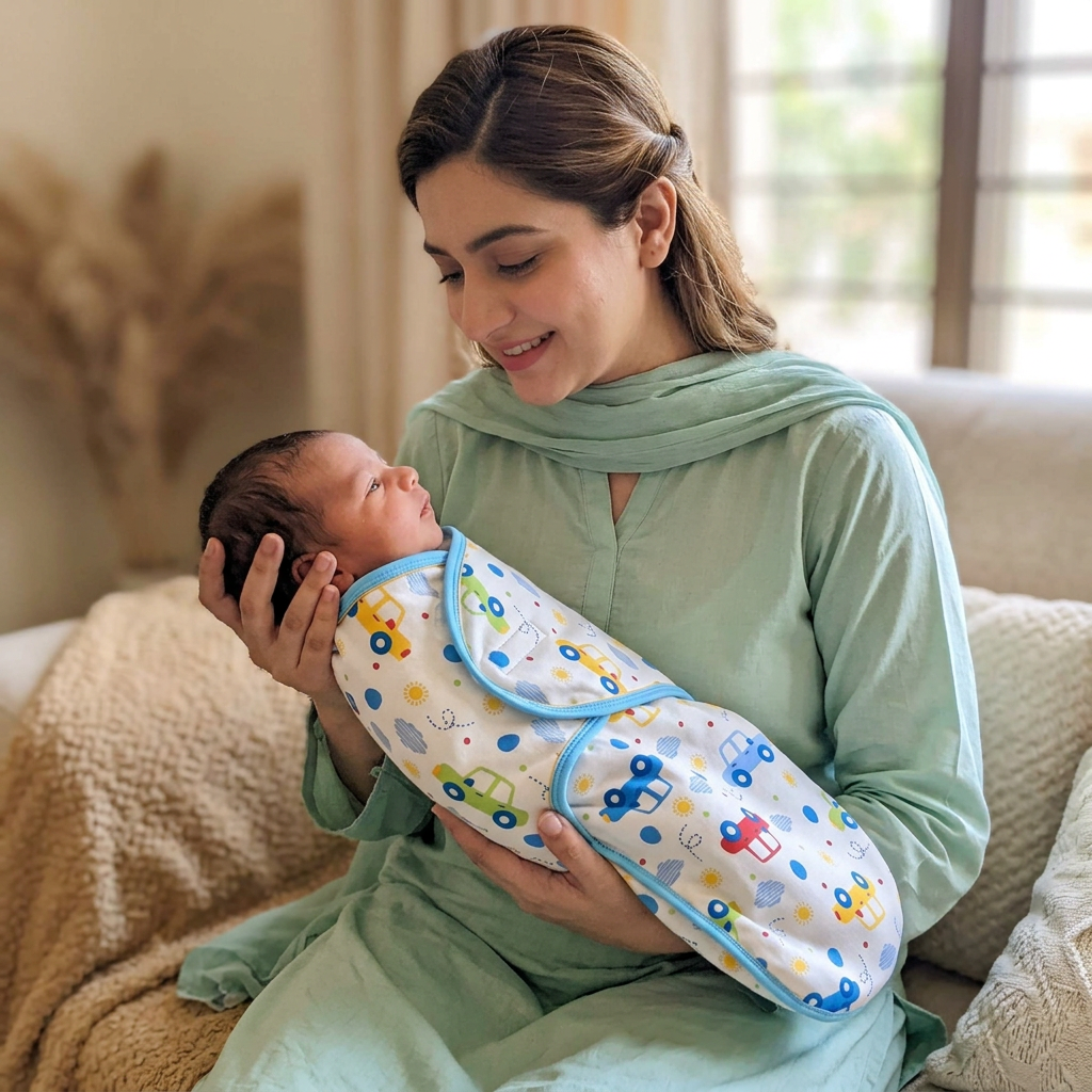 Mother holding newborn in car-print swaddle