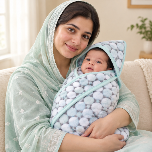 Mother holding newborn in mint circle-pattern blanket