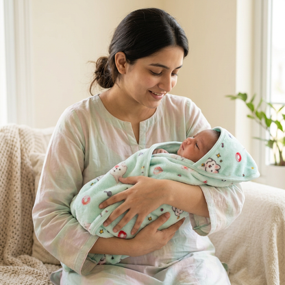 Mother holding newborn in mint kitty blanket