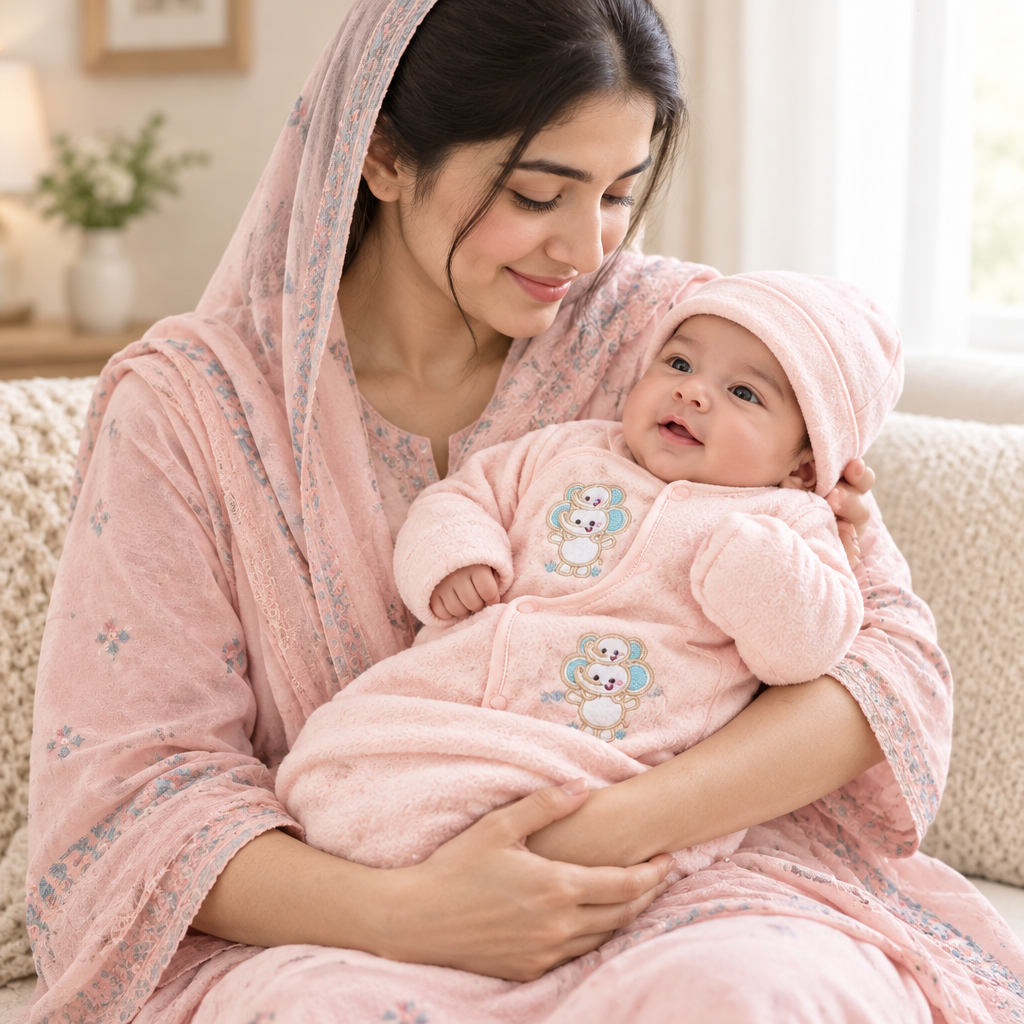 Mother holding newborn in pink starter set