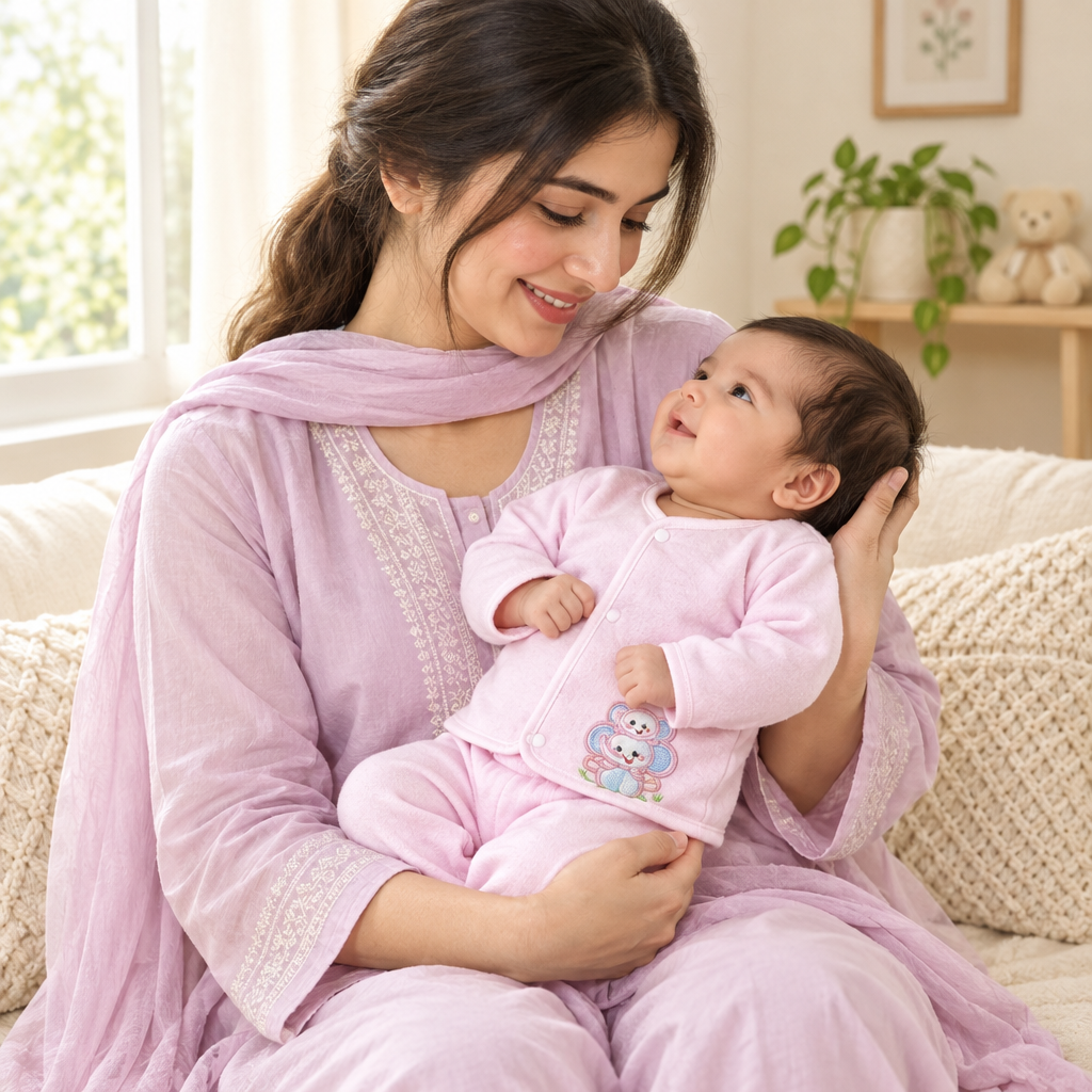 Mother holding newborn in pink winter suit