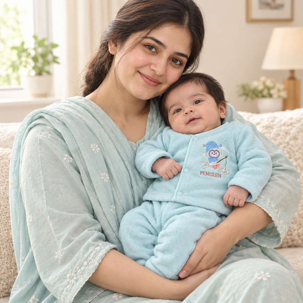 Mother holding newborn in sea-green suit