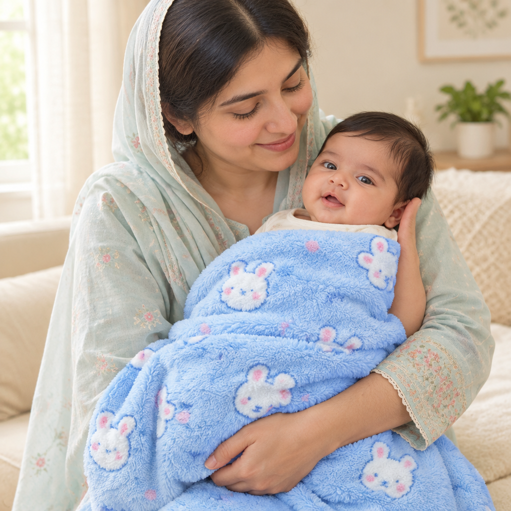 Mother holding newborn with blue bunny blanket