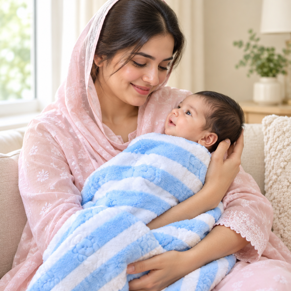 Mother holding newborn with blue striped blanket