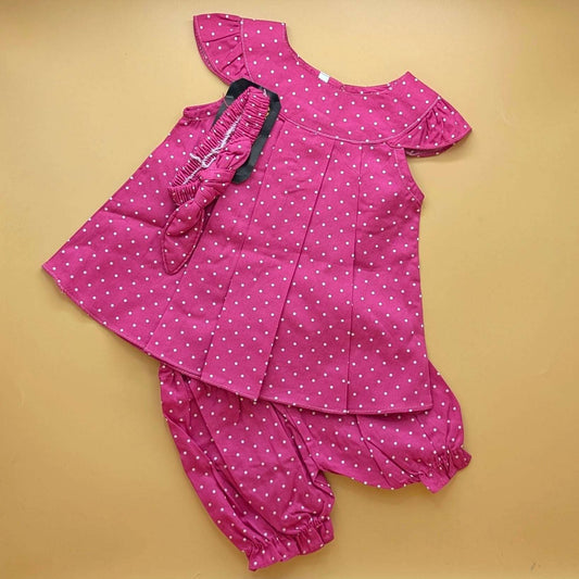 Frock with Pants & Headband - Floral/Dots - Pink