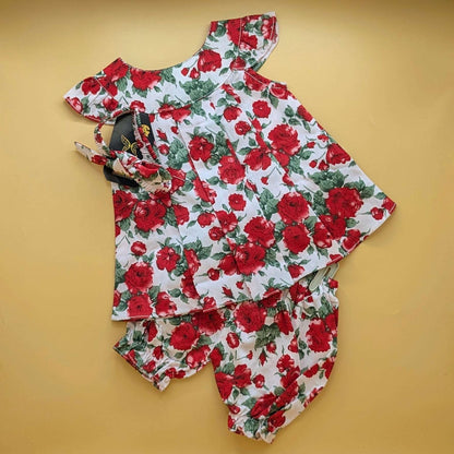 Frock with Pants & Headband - Floral - Red