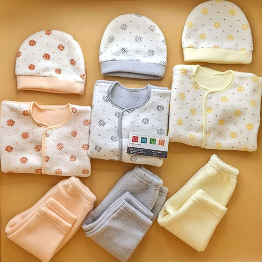 Pack of 3 Suits with Cap - Winter - Flower/Dots - Peach/Grey/Lemon