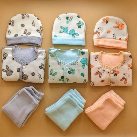 Pack of 3 Suits with Cap - Winter - Big Rabbit 🐰 - Peachy Orange/Light Green/Grey