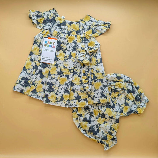 Frock with Pants & Headband - Floral - Mustard/Black