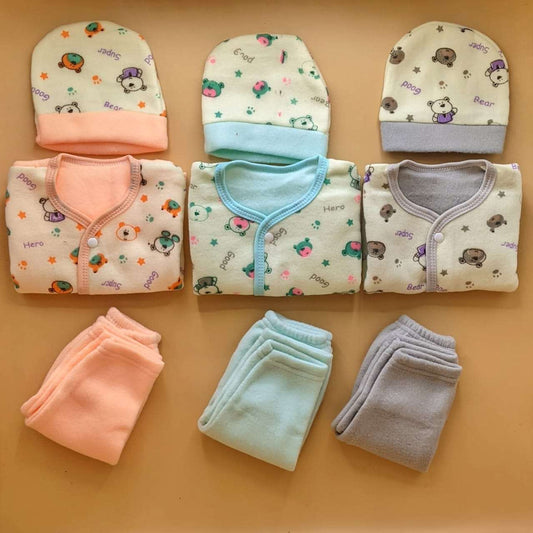 Pack of 3 Suits with Cap - Winter - Teddy Bear 🧸 - Peachy Orange/Green/Grey