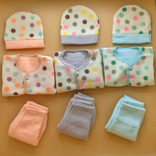 Pack of 3 Suits with Cap - Winter - Dots - Peachy Orange/Green/Grey