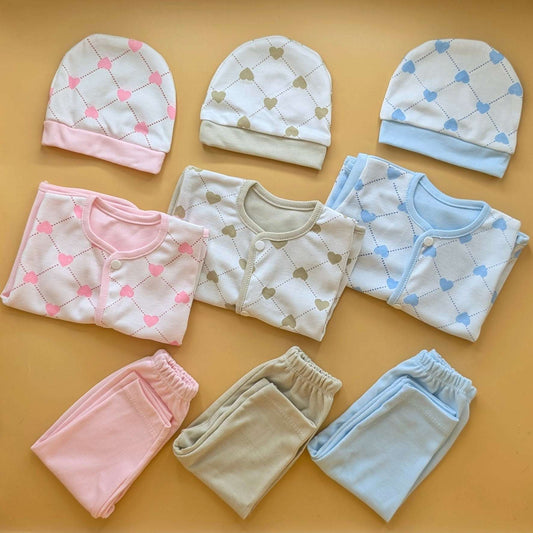 Pack of 3 Suits with Cap - Hearts - Blue/Mud/Pink